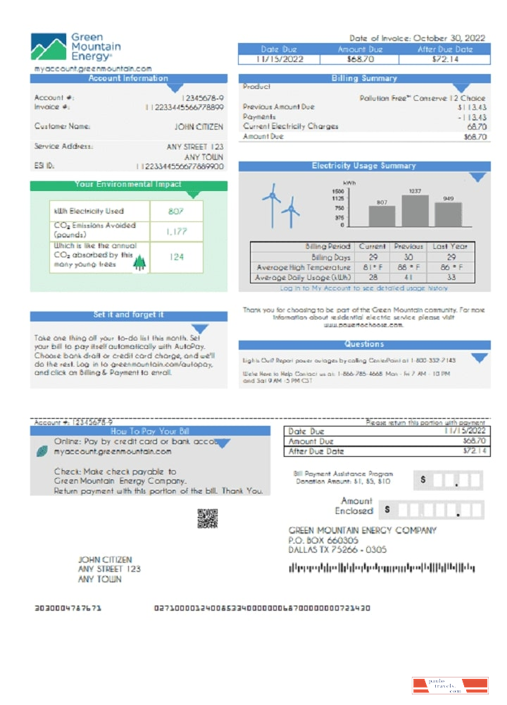USA Green Mountain Energy utility bill template in Word and PDF format